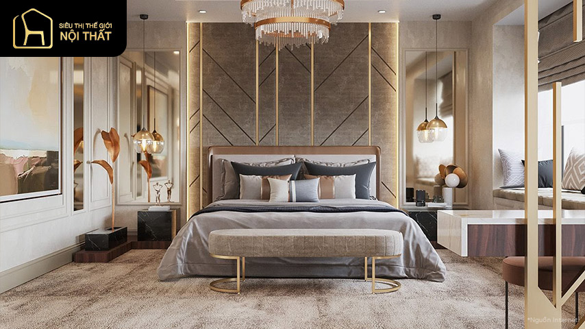 Thiết kế nội thất phòng ngủ dành cho vợ chồng mới cưới theo phong cách tân cổ điển với giường ngủ cùng màu ghi cùng nội thất pha chút ánh kim Thiết kế nội thất phòng ngủ dành cho vợ chồng mới cưới theo phong cách tân cổ điển với giường ngủ cùng màu ghi cùng nội thất pha chút ánh kim