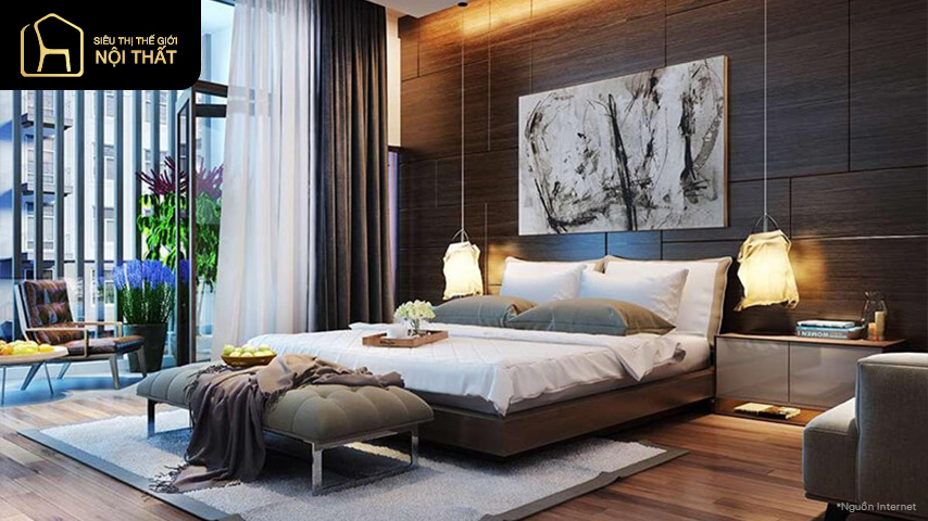 Phòng ngủ vợ chồng hạnh phúc, hòa hợp với thiên nhiên nhờ cửa sổ lớn đón nắng và giấy dán tường họa tiết cây hoa Phòng ngủ vợ chồng hạnh phúc, hòa hợp với thiên nhiên nhờ cửa sổ lớn đón nắng và giấy dán tường họa tiết cây hoa