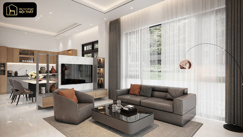 thiết kế phòng khách liền bếp