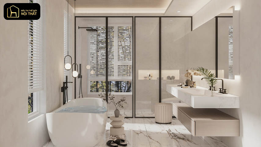 Thiết kế nội thất phòng tắm với gam màu sáng và nhẹ