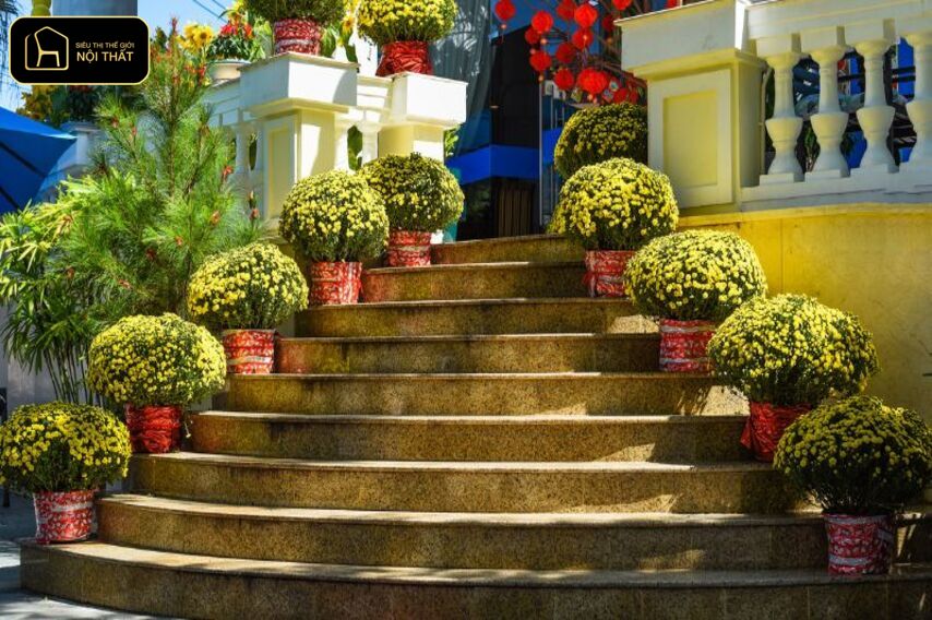 Trang trí cầu thang ngày Tết - Hoa mai, đào, quất và cây cảnh mini phong thủy là lựa chọn lý tưởng để trang trí cầu thang ngày Tết