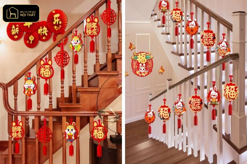 Trang trí cầu thang ngày Tết - Trang trí lan can & tay vịn cầu thang mềm mại và sang trọng, mang sắc Tết truyền thống.