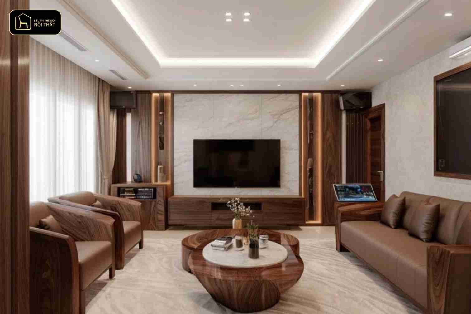 Nội thất óc chó - Sử dụng ánh sáng trung tính, kết hợp nhiều lớp đèn để tôn lên vẻ đẹp của vân gỗ