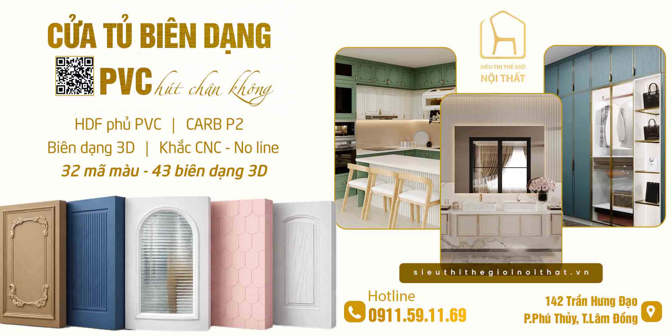 Tủ bếp hiện đại với cánh tủ HDF phủ PVC 