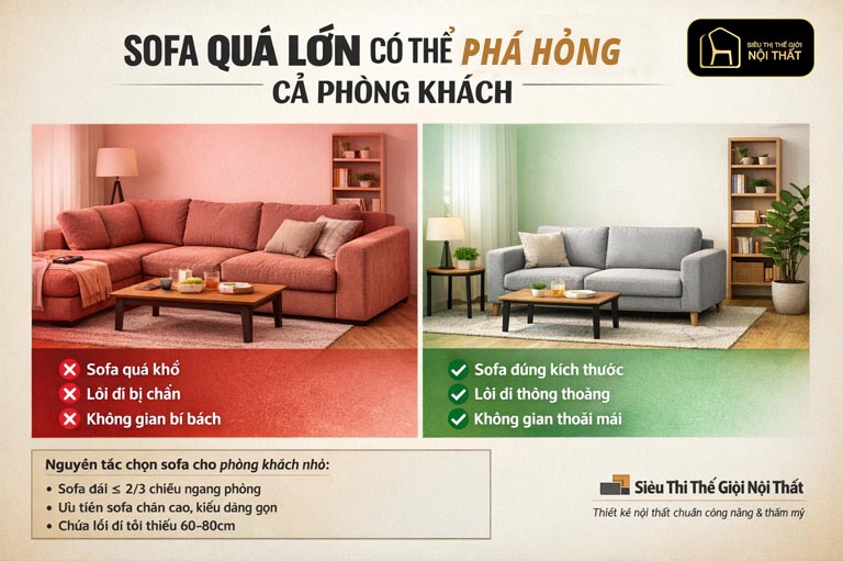 phòng trở nên chật chội do bộ sofa quá lớn