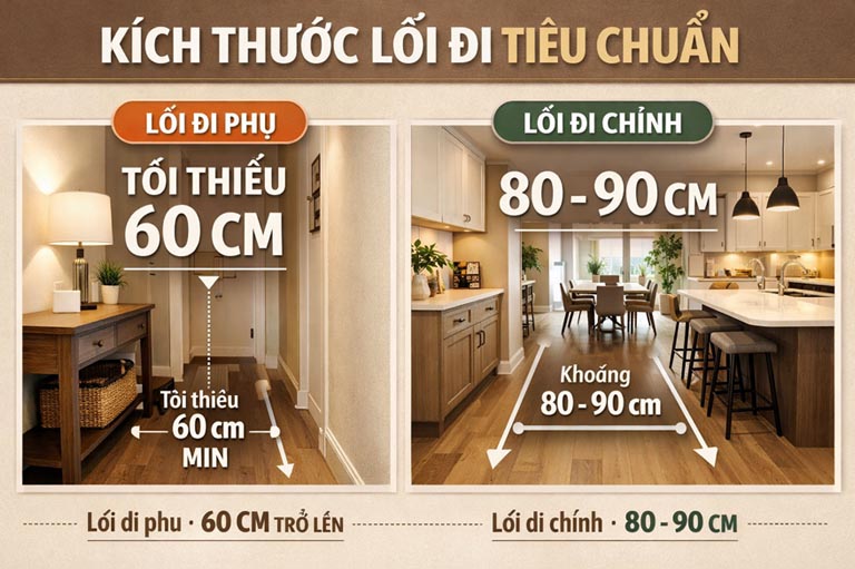 đặt nội thất đảm bảo khoảng cách lối đi