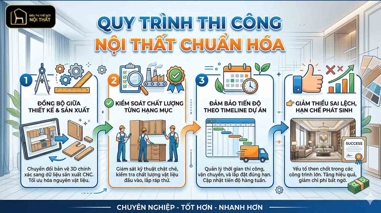 Quy trình thi công được triển khai theo hướng chuẩn hóa: