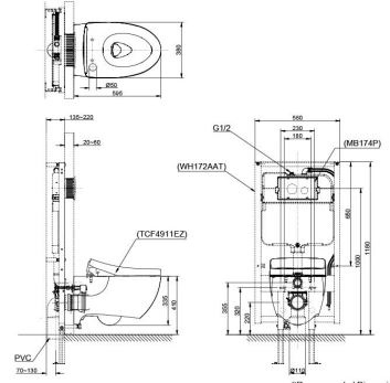 TCF4911EZ#NW1 WH172AAT TCA464 MB174P#SS Bàn cầu treo tường giấu dây LP Series thế hệ mới, kèm nắp rửa điện tử WASHLET dòng S7 - TCF4911EZ - Ảnh 2