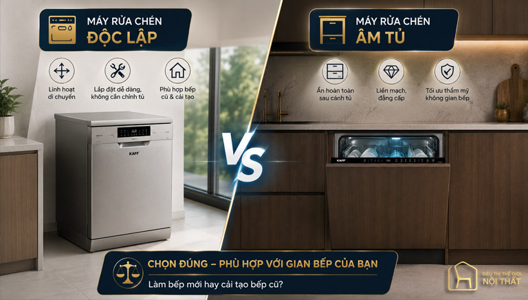 Nên chọn máy rửa chén âm tủ toàn phần hay độc lập?